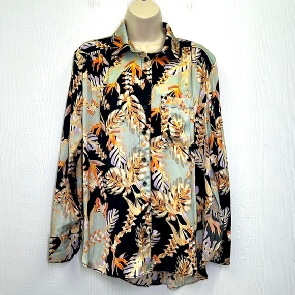 Free People - Under The Palms Black Multicolored Button Down Blouse Shirt Small - Picture 2 of 12